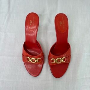Anne Klein Red Leather Slide Sandals with Gold Chain Accent 8.5M
